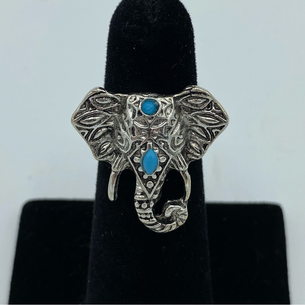 Silver Gray Bohemian Turquoise Elephant Ring - Picture 2 of 7
